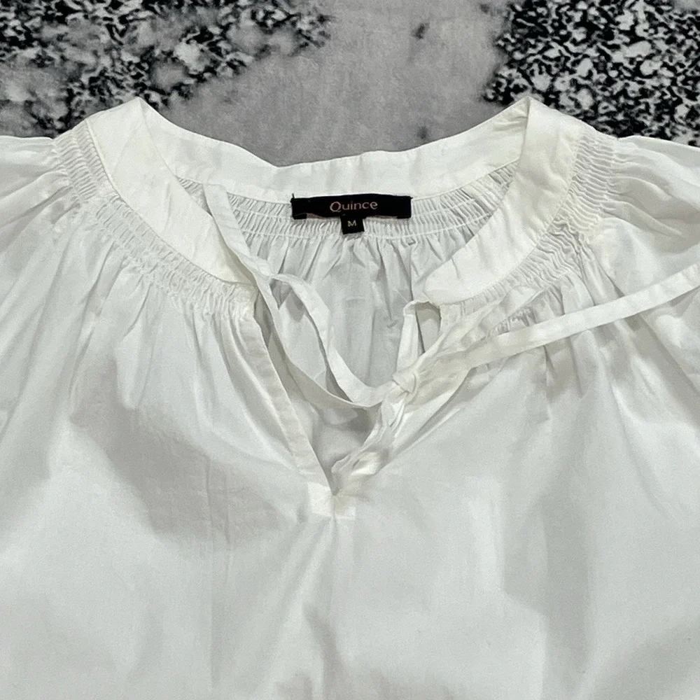 Quince Organic Cotton Poplin White Blouse Womens Size M Split Neck Tie Top - Picture 2 of 12